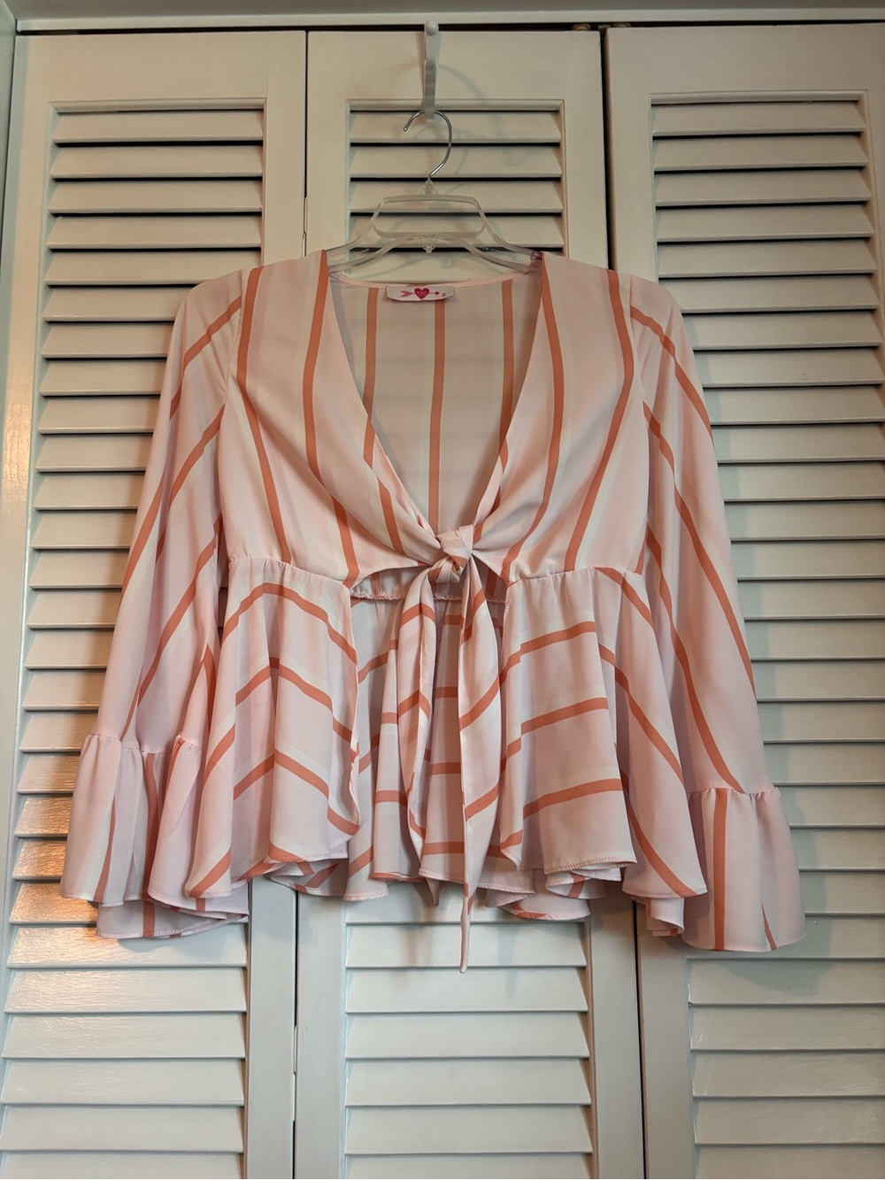 FESTIVAL Buddy Love Blush & Coral Striped Tie-Front Ruffle Blouse